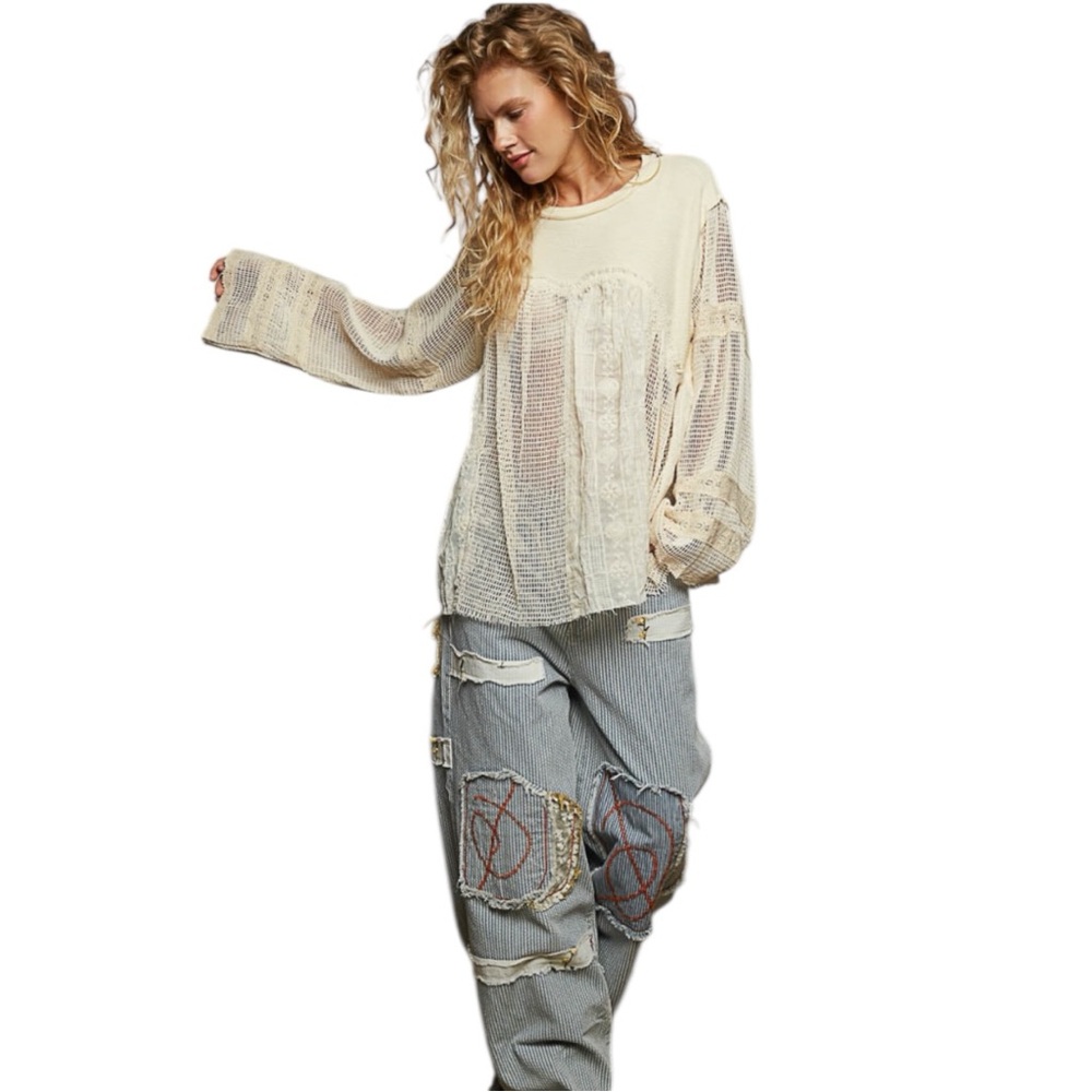 POL Medium Lace Me Later Mesh Balloon Sleeve Blouse - Picture 2 of 8
